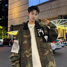军绿色夹克男女韩版潮流宽松百搭贴布字母2024秋冬外套W6165-P74，男装夹克，星座412-2