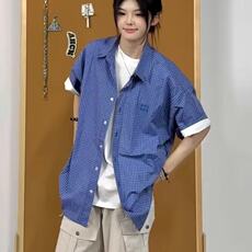 蓝色格子短袖衬衫女男夏季2025新款设计感小众宽松港风穿搭休闲，男装衬衫，星座506A