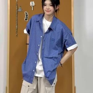 蓝色格子短袖衬衫女男夏季2025新款设计感小众宽松港风穿搭休闲图片
