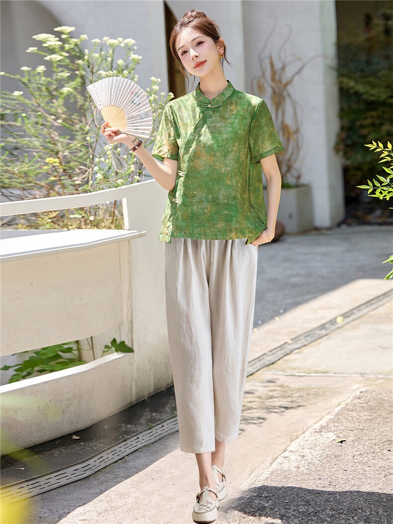 长期有货2026夏装新款时尚两件套装女提花新中式衬衫T小脚腿裤女,女装套装/套裙,璐依舞