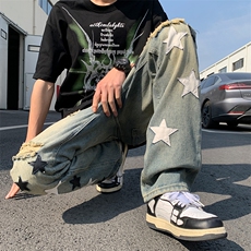 新款hiphop炸街裤子高街美式vibe星星破洞牛仔裤直筒裤80311-p52，男装牛仔裤，星座1008-2