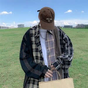 复古拼接格子ins长袖衬衫男女秋季新款设计感衬衣外套JY8216-p46图片
