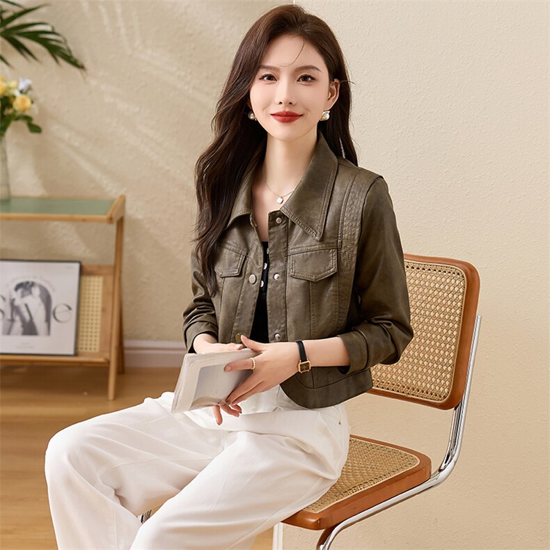 现货宽松蝙蝠袖绿色PU皮衣2024春装新款女装时尚百搭显瘦皮外套女,女装皮衣,江南女神