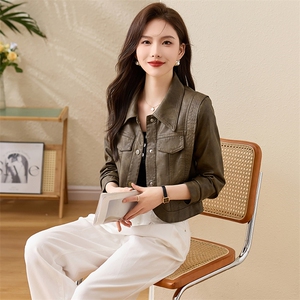 现货宽松蝙蝠袖绿色PU皮衣2024春装新款女装时尚百搭显瘦皮外套女图片