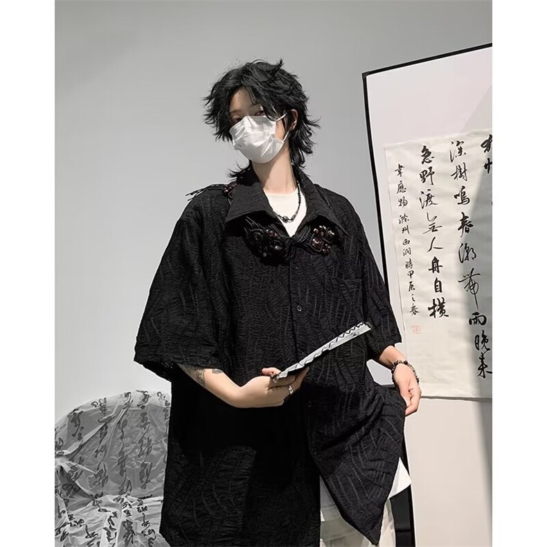 潮中式衬衫男复古风短袖夏季网红宽松上衣T恤百搭,男装T恤,星座716-2