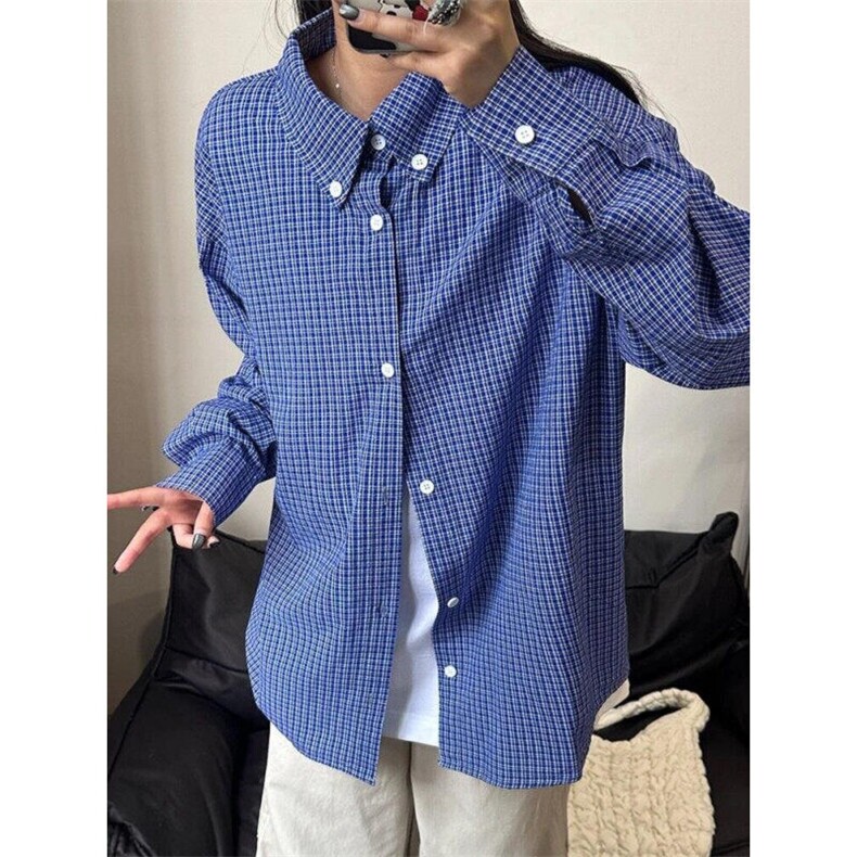 少年感蓝色格子衬衫男春秋季新休闲长袖衬衣CS552-特P30,男装衬衫,星座1007（原301D）