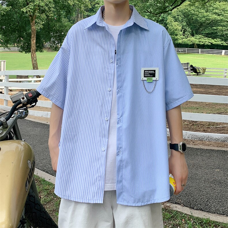 高品质全棉冰丝条纹短袖衬衫港风撞色衬衣XCS222-特P29控58图片