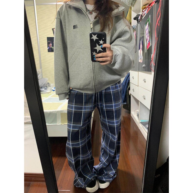 【有货】G11LL-特P40美式复古蓝色格子裤子男女秋冬新款加绒裤图片