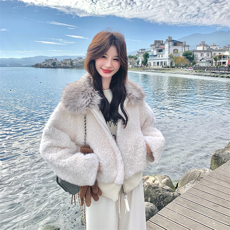 大毛领短款羊羔仿皮草外套毛绒保暖翻领冬季女,女装短外套,纯色衣恋