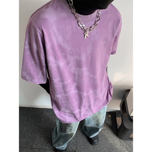 抖音得物高品质二开 240克美式高街复古做旧潮牌扎染印花短袖T恤图片