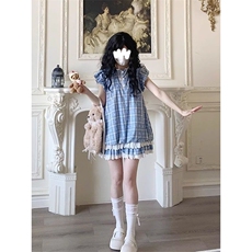 小熊乐园小个子超可爱格子小飞袖连衣裙女宽松甜美显瘦公主短裙，女装连衣裙，星座506A