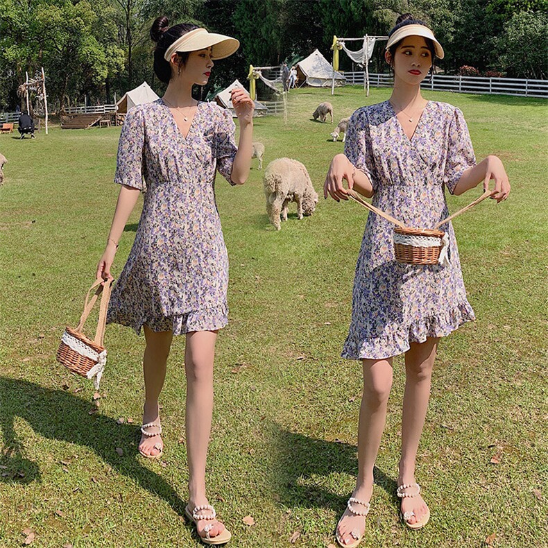 2021年夏季通勤V领中腰套头韩版碎花不规则连衣裙,女装连衣裙,辉之琳