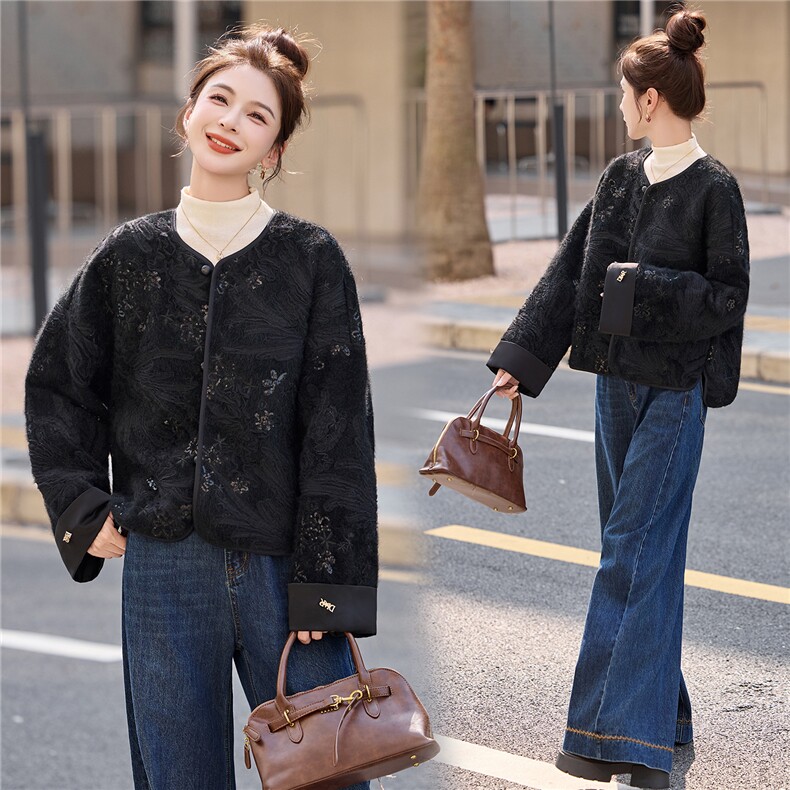 真兔毛绒短外套女冬季2025新品显瘦气质小众设计感新中式时尚女装,女装短外套,意芙