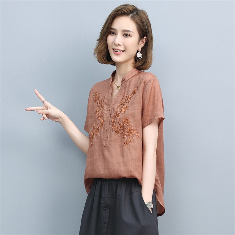 棉麻衬衫女夏2025新款高端大码宽松苎麻小衫中年妈妈短袖亚麻上衣,女装T恤,丽影随形