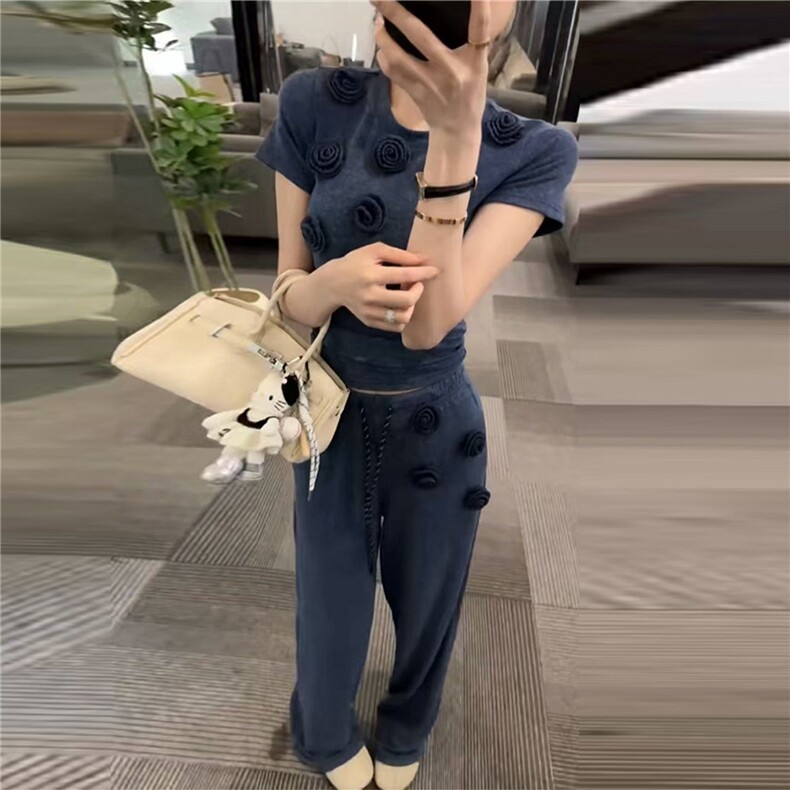 盐系高级感时尚气质套装女春新款圆领立体花朵上衣阔腿长裤两件套,女装套装/套裙,江南