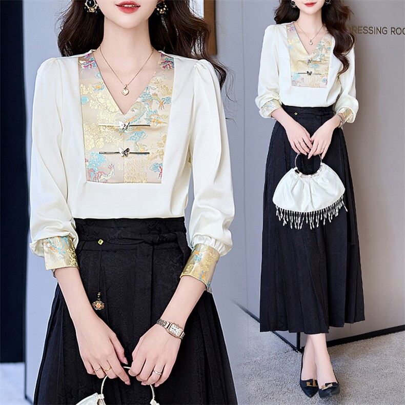 女2024春秋季新款年轻妈妈洋气高贵新中式日常马面裙女，女装衬衫，卡杰菲