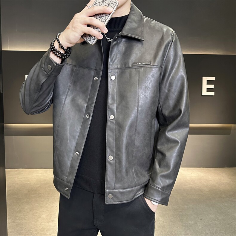 秋季新款翻领皮衣男士短款夹克修身皮夹克P6598-P155,男装夹克,电商A237