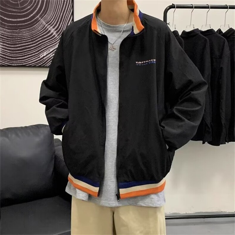 立领上衣字母宽松双层夹克M--3XL 黑色 卡其 JJ55图片