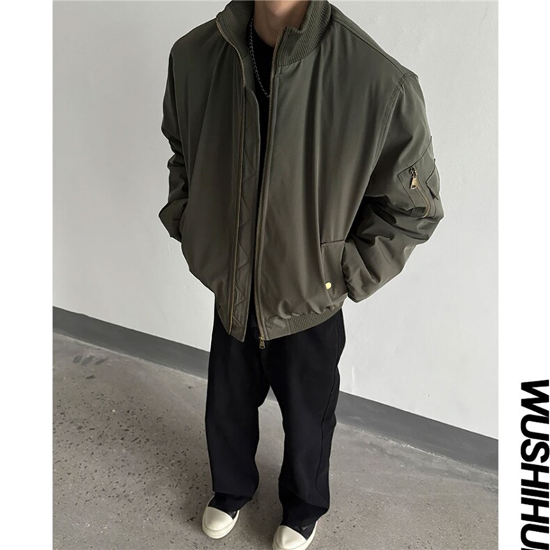 军绿色夹棉棉服男款冬季加厚保暖棉衣立领美式高街飞行夹克棒球服,男装棉衣,电商A335-1（原A458）