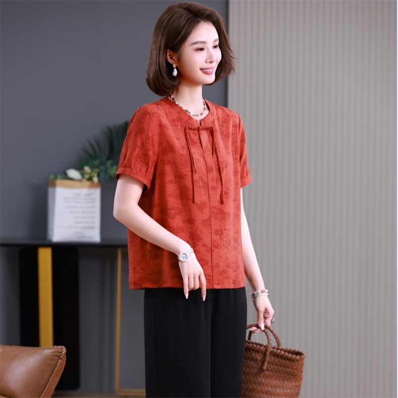 中式国风妈妈提花长袖上衣女春秋新款洋气高贵上衣中老年打底小衫，女装大码女装，妃曼