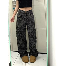 美式高街军绿色迷彩工装牛仔裤欧美hiphop裤子直筒阔腿拖地裤女，男装牛仔裤，星座1210-1