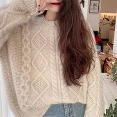 2025年秋季新款百搭大麻花提花长袖圆领套衫，女装针织衫/毛衣，胜智羊绒