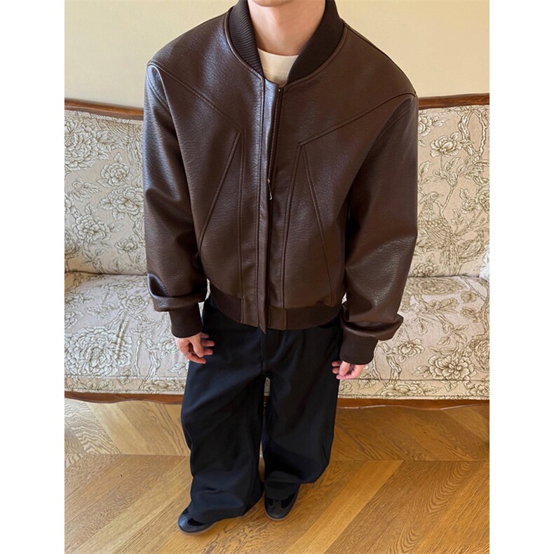 抖音得物高品质美式高街复古老钱风PU皮夹克外套男女短款机车皮衣，男装夹克，电商A486