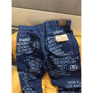 深蓝色潮牌字母满印牛仔裤小众阔腿直筒裤 NZ7062 特P49图片