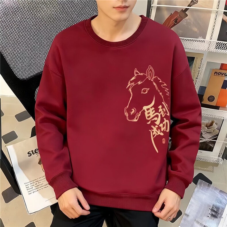 1506-1/WW98011/P39马年风酒红色卫衣男女重磅宽松圆领外套,女装短外套,星座1506-1