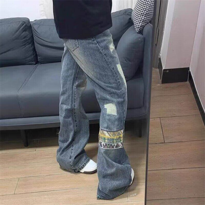 美式高街cleanfit拼接牛仔裤男女微喇破洞裤修身直筒裤LA0933-P54,男装牛仔裤,星座1008