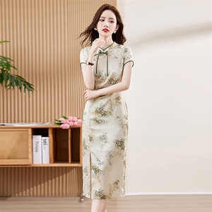 新中式改良旗袍印花连衣裙女2024夏季新款修身显瘦气质女人味长裙图片