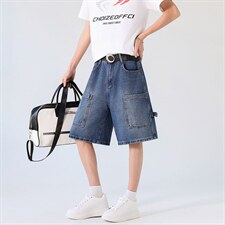 新款美式工装牛仔裤夏季宽松中裤水洗休闲中裤XZ201-K509P45，男装牛仔裤，星座201