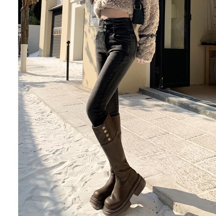 超高腰烟灰色弹力收腹紧身小脚牛仔裤女提臀显瘦修身黑色铅笔裤,男装牛仔裤,星座1210-1