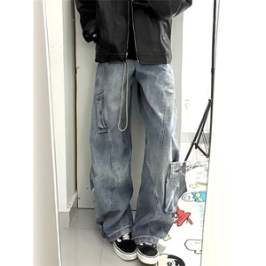 高街解构多口袋牛仔裤男冬潮牌设计感阔腿裤子美式水洗廓形弯刀裤图片