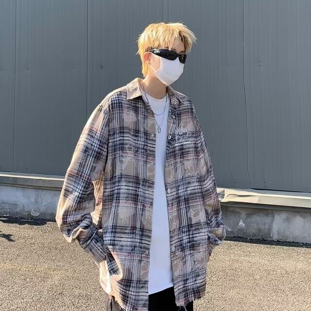 美式复古潮牌破坏感格子衬衫男女休闲显瘦慵懒风衬衣外套C145/P55,男装衬衫,星座506