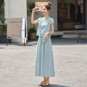 设计师时尚休闲套装女2025夏新款慵懒风减龄显瘦亚麻半身裙两件套图片