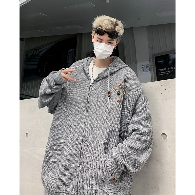 2026美式复古设计感针织连帽外套男女小众早春季慵懒卫衣开衫潮牌,女装短外套,星座715-4