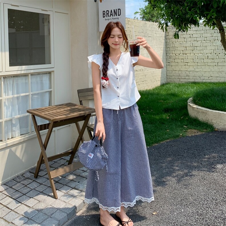 法式温柔风小飞袖衬衫格纹阔腿裤套装女夏两件套223-1361P145K198，女装套装/套裙，莘蕾