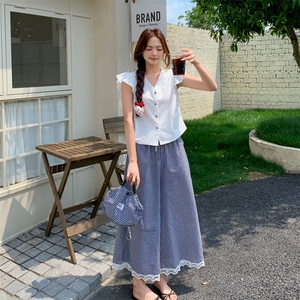 法式温柔风小飞袖衬衫格纹阔腿裤套装女夏两件套223-1361P145K198，女装套装/套裙，莘蕾