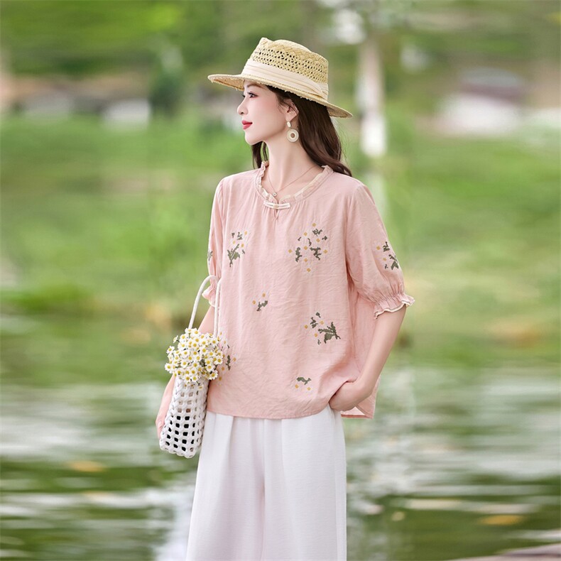 时尚洋气优雅刺绣套装女2026夏季新款复古气质宽松阔腿裤两件套,女装套装/套裙,魅影