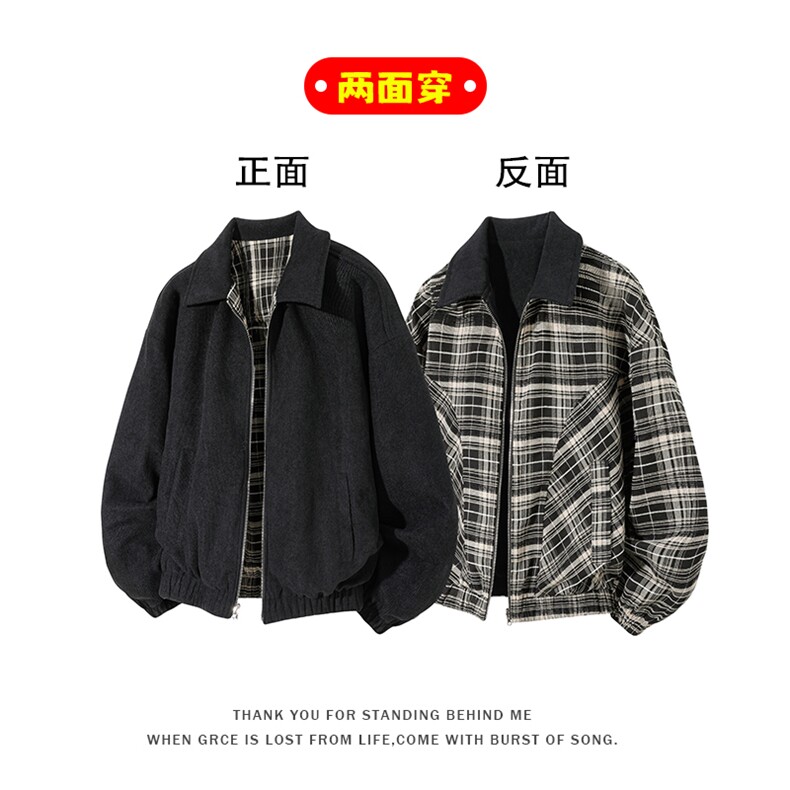 特批P78无差价潮流双面穿灯芯绒格纹哈灵顿大码夹克外套男J5235图片