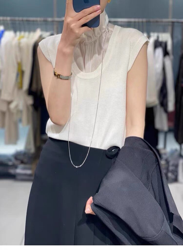 时尚百搭U型领无袖针织衫显瘦修身包肩设计优雅气质女装上衣，女装针织衫/毛衣，恒旺羊绒