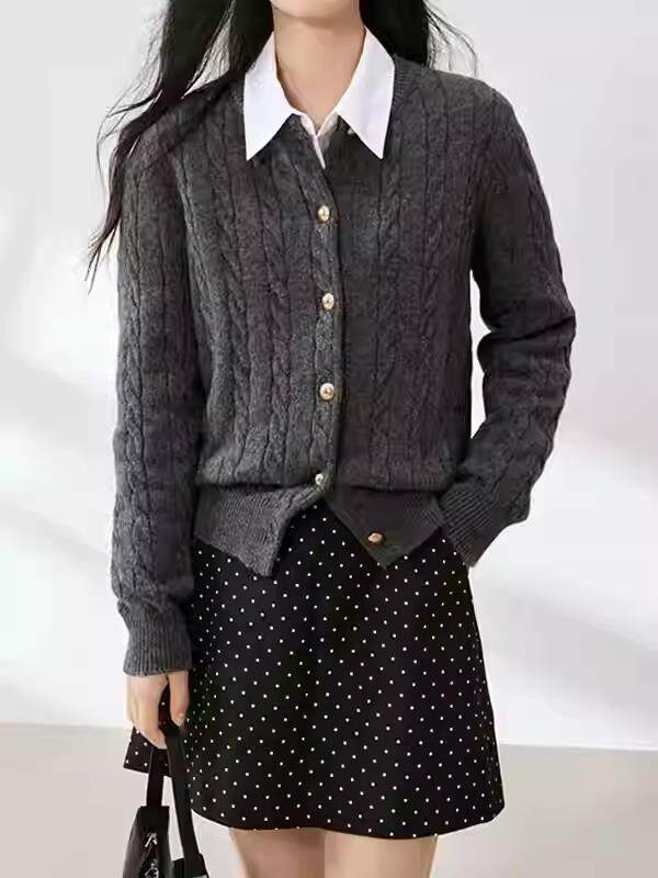 2025年秋季时尚百搭通勤简约休闲圆领加厚麻花开衫，女装羊毛衫，洁纯羊绒