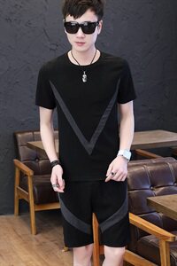 新款夏季圆领短袖男五分裤套装冰丝韩版修身T恤一套男T753-P50图片