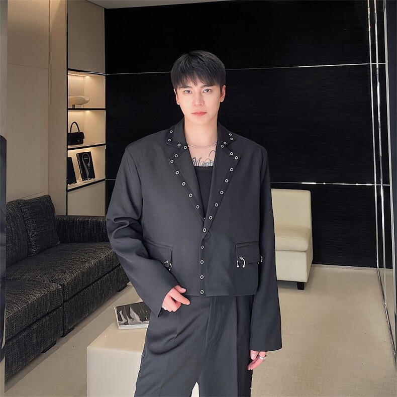 新款潮流圆圈孔眼设计宽松时尚痞帅短款西服外套男A345-317-P140,男装西服,电商A345