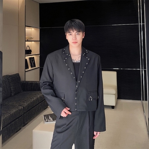 新款潮流圆圈孔眼设计宽松时尚痞帅短款西服外套男A345-317-P140