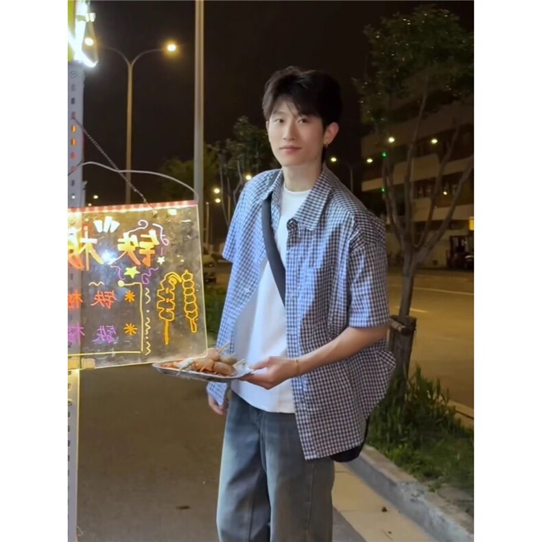 【现货】DC75-特批28潮流美式蓝色格子短袖衬衫男生套装原宿新款,男装休闲套装,星座603-2