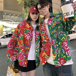 PC203情侣休闲东北大花拼接长袖衬衫外套男女宽松寸衣汉服演出秋图片