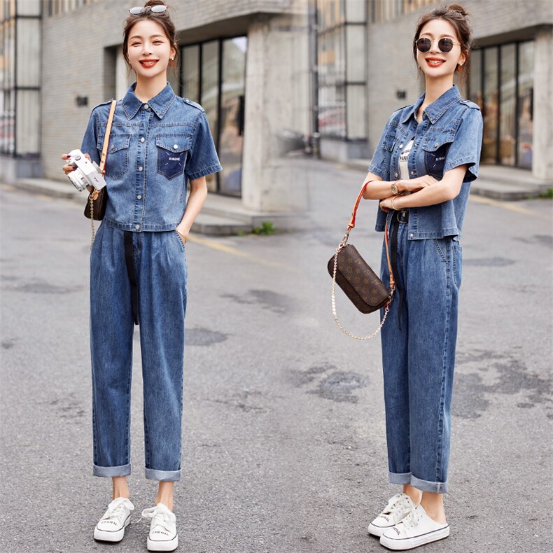 牛仔套装女欧洲站2025夏季新款时尚洋气减龄薄款工装小脚裤两件套，女装套装/套裙，E百度