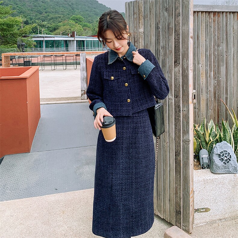 小香风轻奢穿搭牛仔套装女春秋超火好看高级感小众半身裙两件套装,女装套装/套裙,2C316